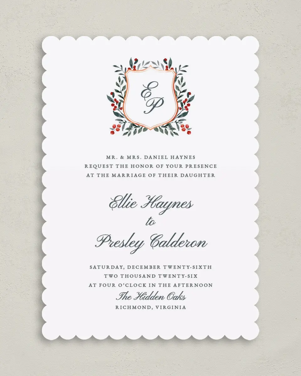 This is a 5" x 7" Classic Wedding Invitation called Heirloom Holly printed in full color on Premium Smooth paper