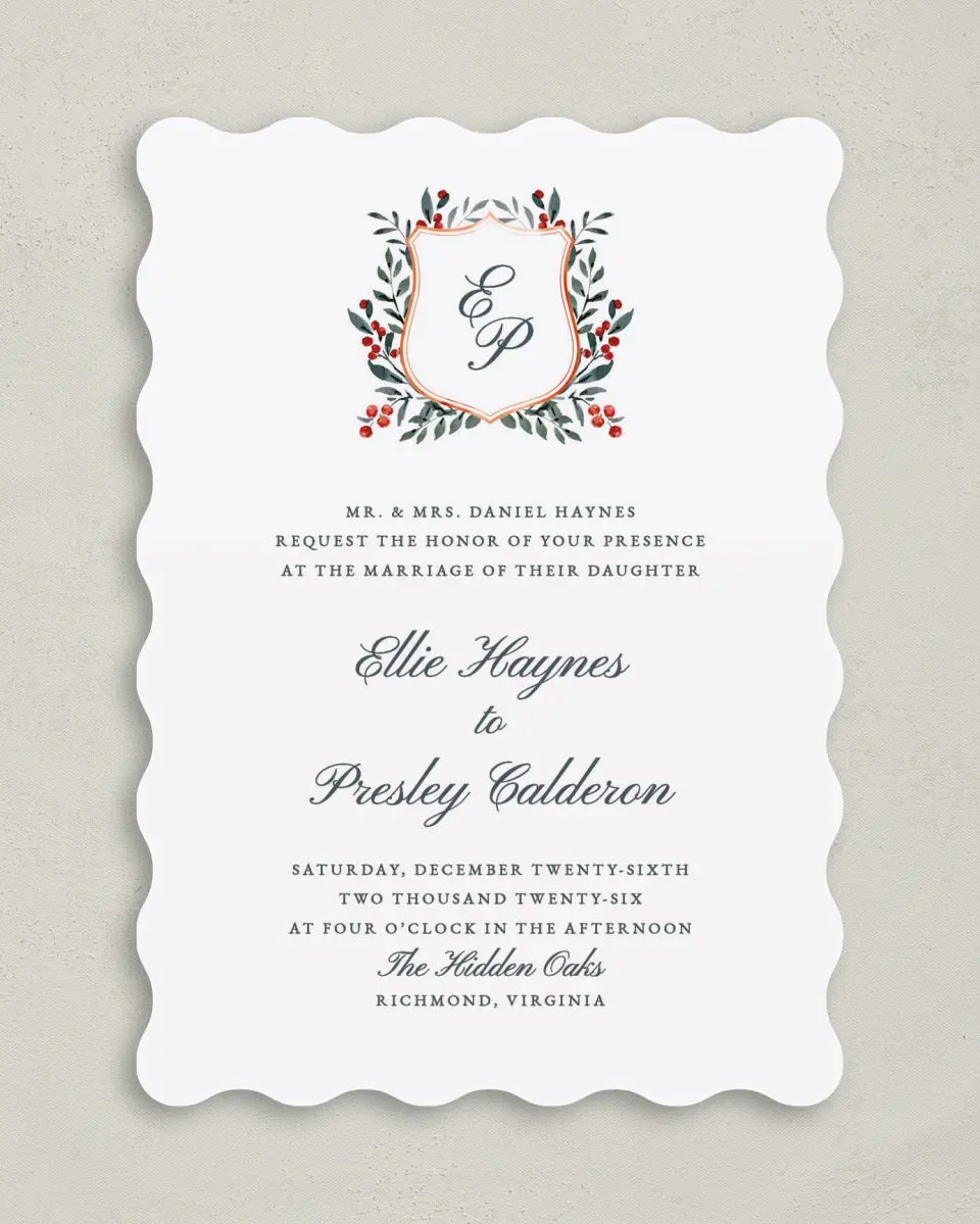 This is a 5" x 7" Wavy Wedding Invitation called Heirloom Holly printed in full color on Premium Smooth paper