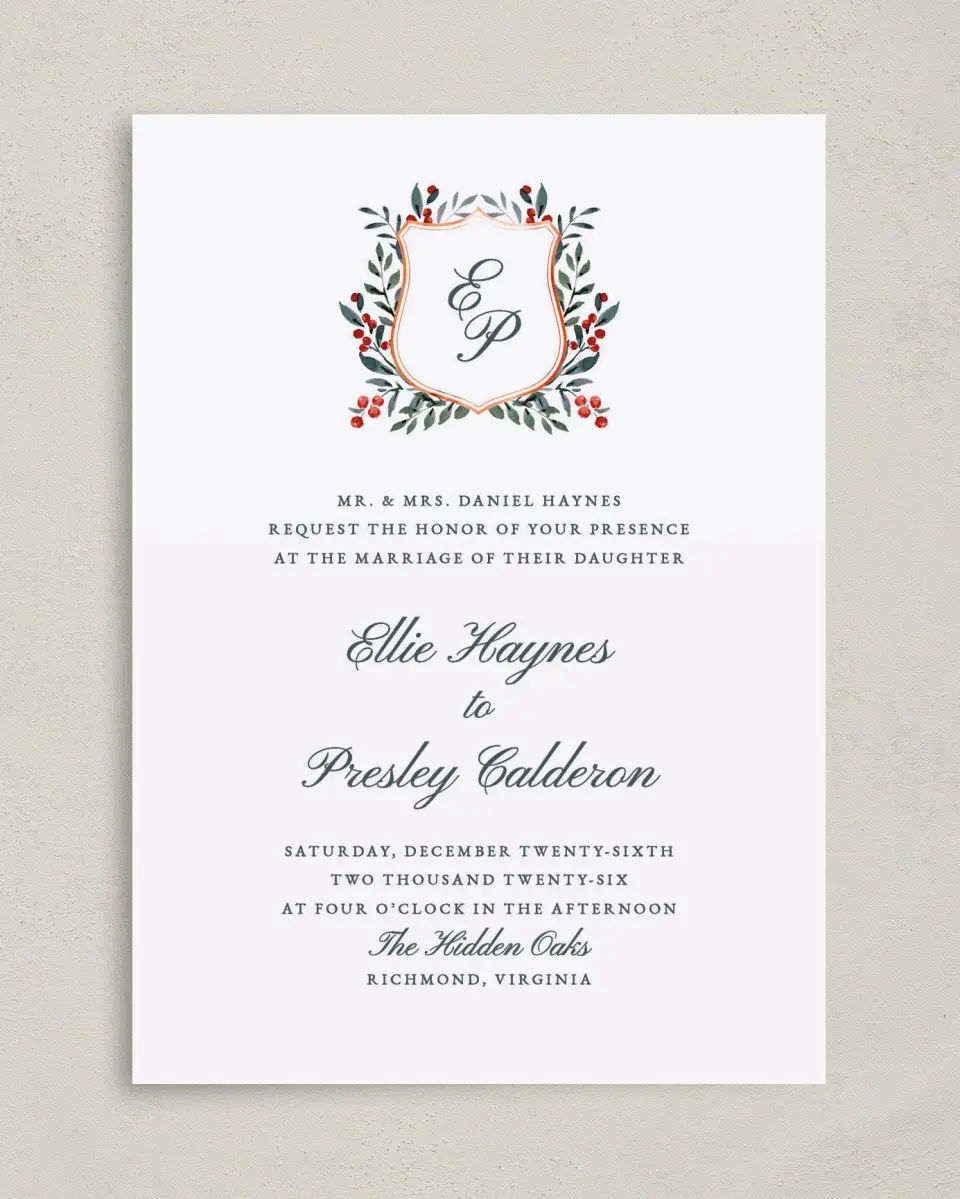 This is a 5" x 7" Classic Wedding Invitation called Heirloom Holly printed in full color with Gold foil on Luxe Satin (coated) paper