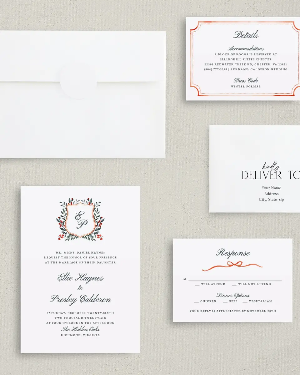 This is a 5" x 7" Classic Wedding Invitation called Heirloom Holly printed in full color with Gold foil on Luxe Satin (coated) paper