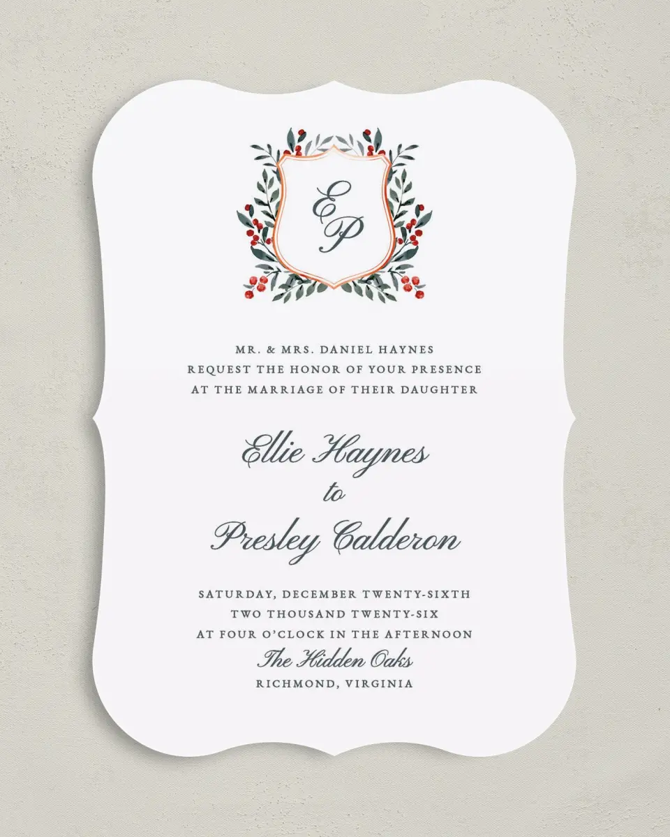 This is a 5" x 7" Bracket Wedding Invitation called Heirloom Holly printed in full color on Premium Smooth paper