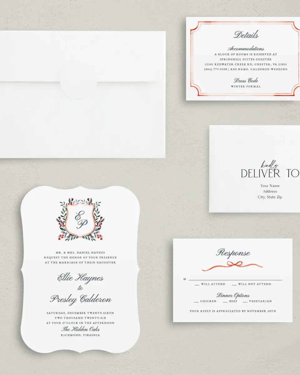 This is a 5" x 7" Bracket Wedding Invitation called Heirloom Holly printed in full color with Silver foil on Luxe Satin (coated) paper