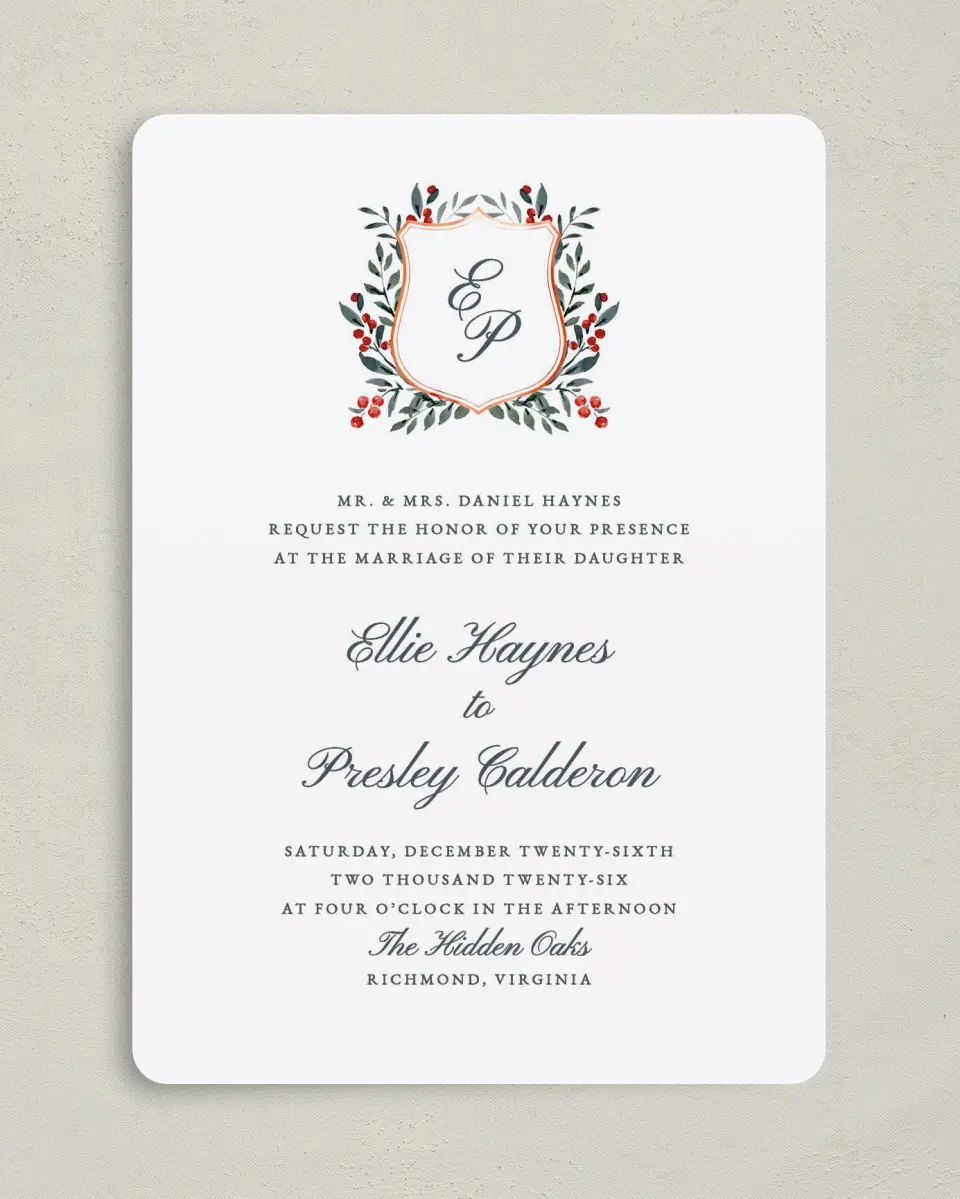 This is a 5" x 7" Rounded Wedding Invitation called Heirloom Holly printed in full color on Premium Smooth paper