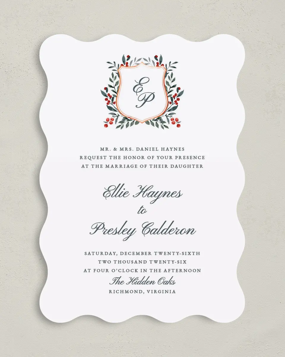 This is a 5" x 7" Wavy Wedding Invitation called Heirloom Holly printed in full color on Premium Smooth paper