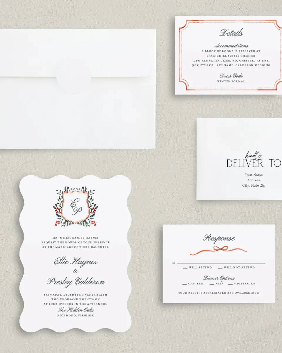 This is a 5" x 7" Wavy Wedding Invitation called Heirloom Holly printed in full color with Silver foil on Luxe Satin (coated) paper