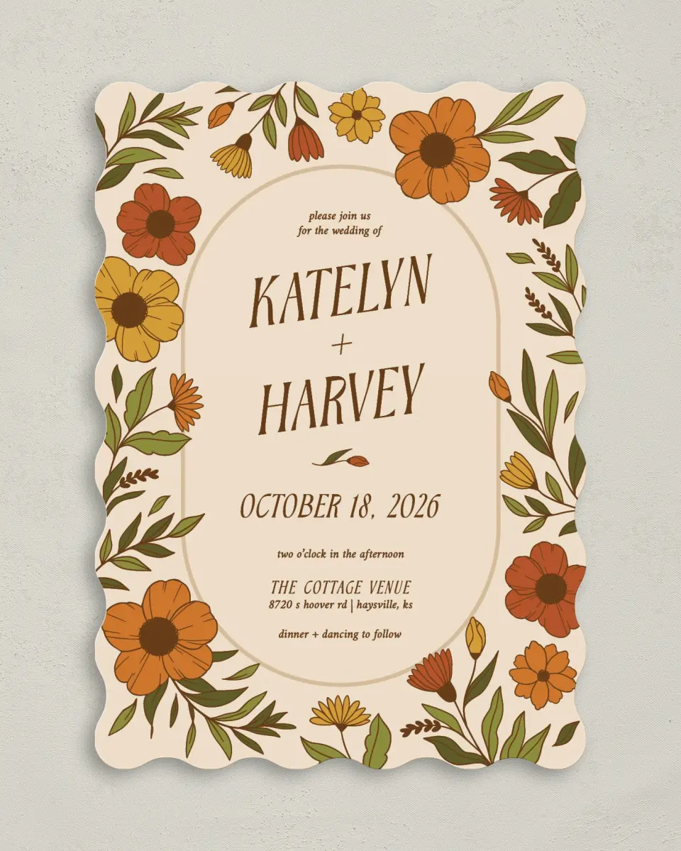 This is a 5" x 7" Wavy Wedding Invitation called Wild + Bright printed in full color on Premium Smooth paper