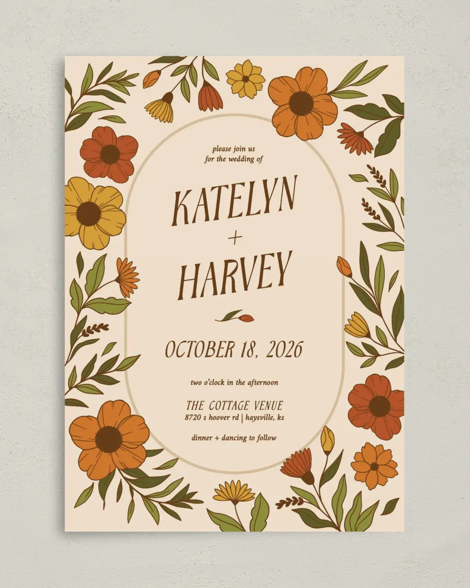 This is a 5" x 7" Classic Wedding Invitation called Wild + Bright printed in full color on Premium Smooth paper