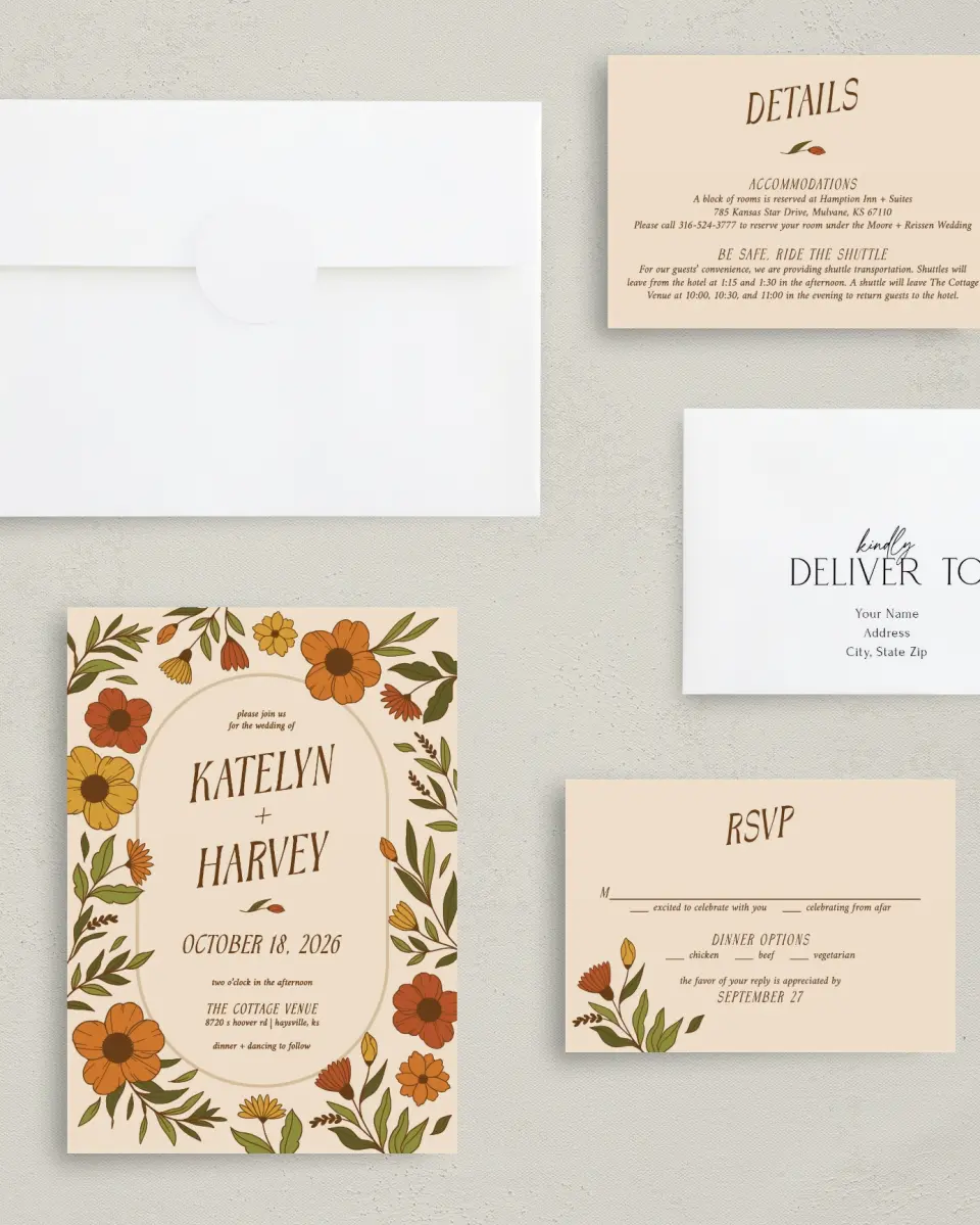 This is a 5" x 7" Classic Wedding Invitation called Wild + Bright printed in full color with Rose Gold foil on Luxe Satin (coated) paper