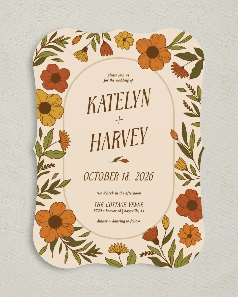 This is a 5" x 7" Bracket Wedding Invitation called Wild + Bright printed in full color with Silver foil on Luxe Satin (coated) paper