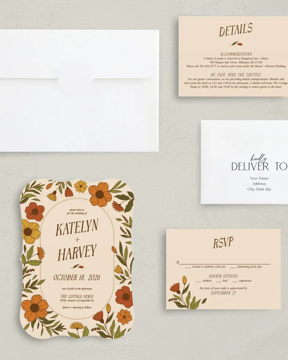 This is a 5" x 7" Bracket Wedding Invitation called Wild + Bright printed in full color with Silver foil on Luxe Satin (coated) paper