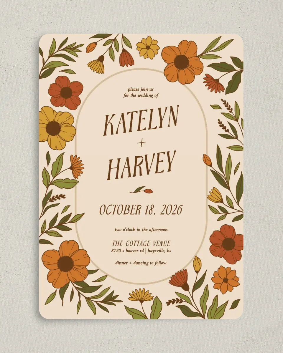 This is a 5" x 7" Rounded Wedding Invitation called Wild + Bright printed in full color on Premium Smooth paper