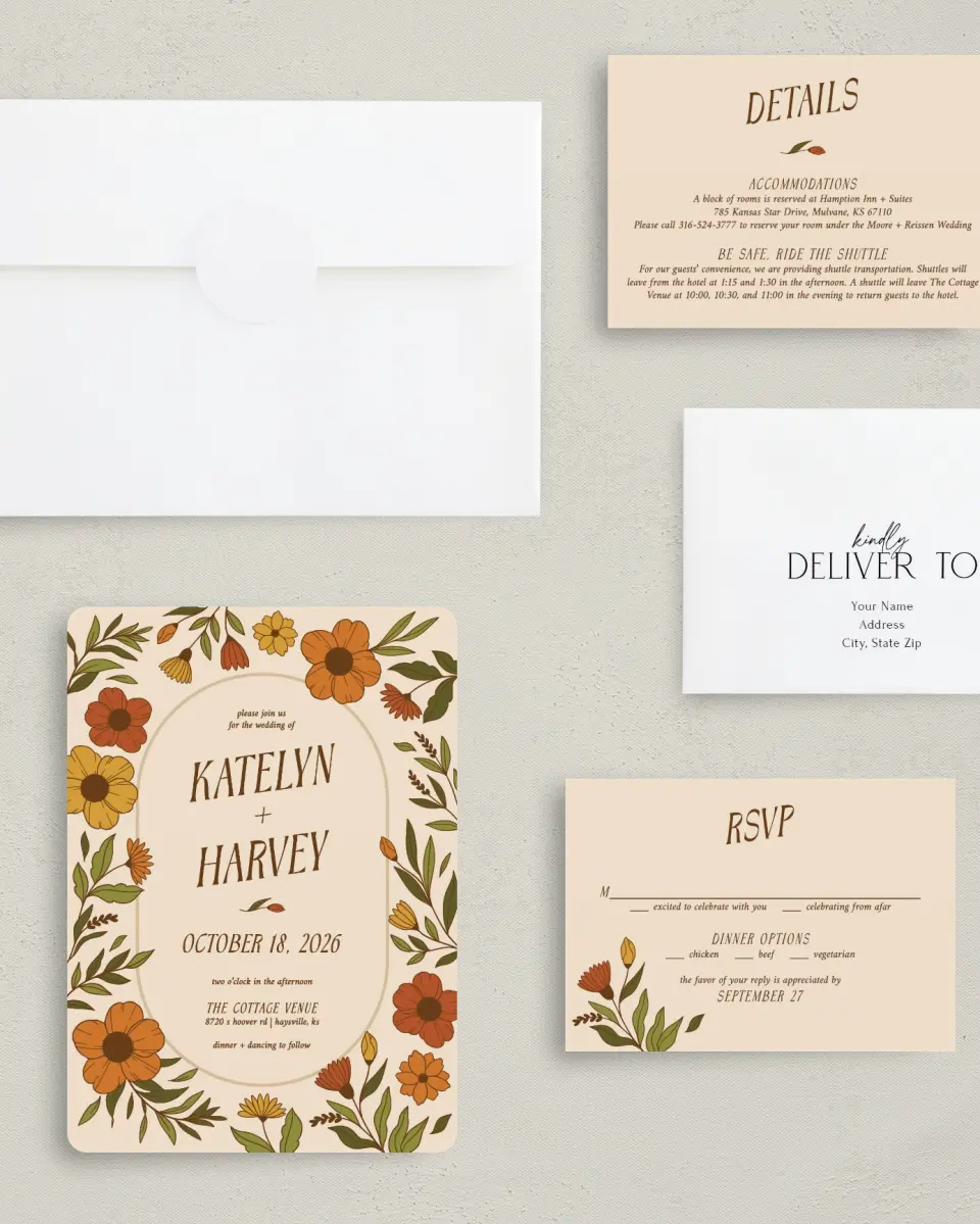 This is a 5" x 7" Rounded Wedding Invitation called Wild + Bright printed in full color with Silver foil on Luxe Satin (coated) paper