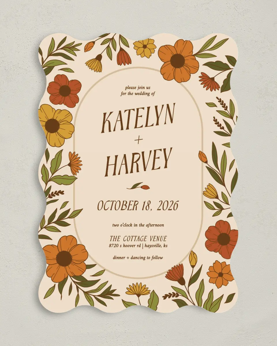 This is a 5" x 7" Wavy Wedding Invitation called Wild + Bright printed in full color on Premium Smooth paper