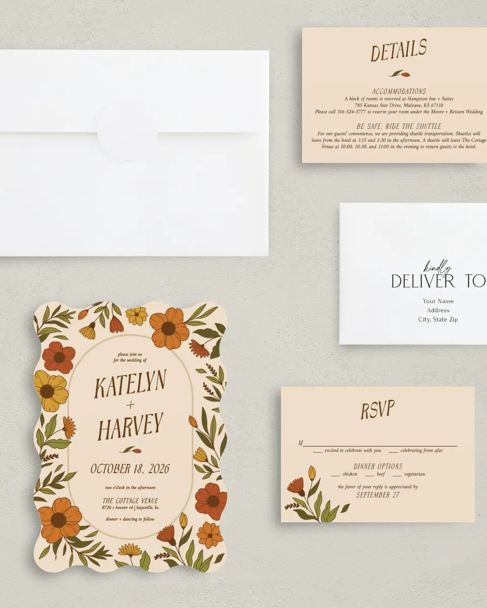 This is a 5" x 7" Wavy Wedding Invitation called Wild + Bright printed in full color with Silver foil on Luxe Satin (coated) paper