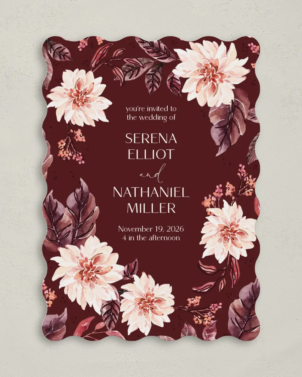 This is a 5" x 7" Wavy Wedding Invitation called Fall Florals printed in full color on Premium Smooth paper