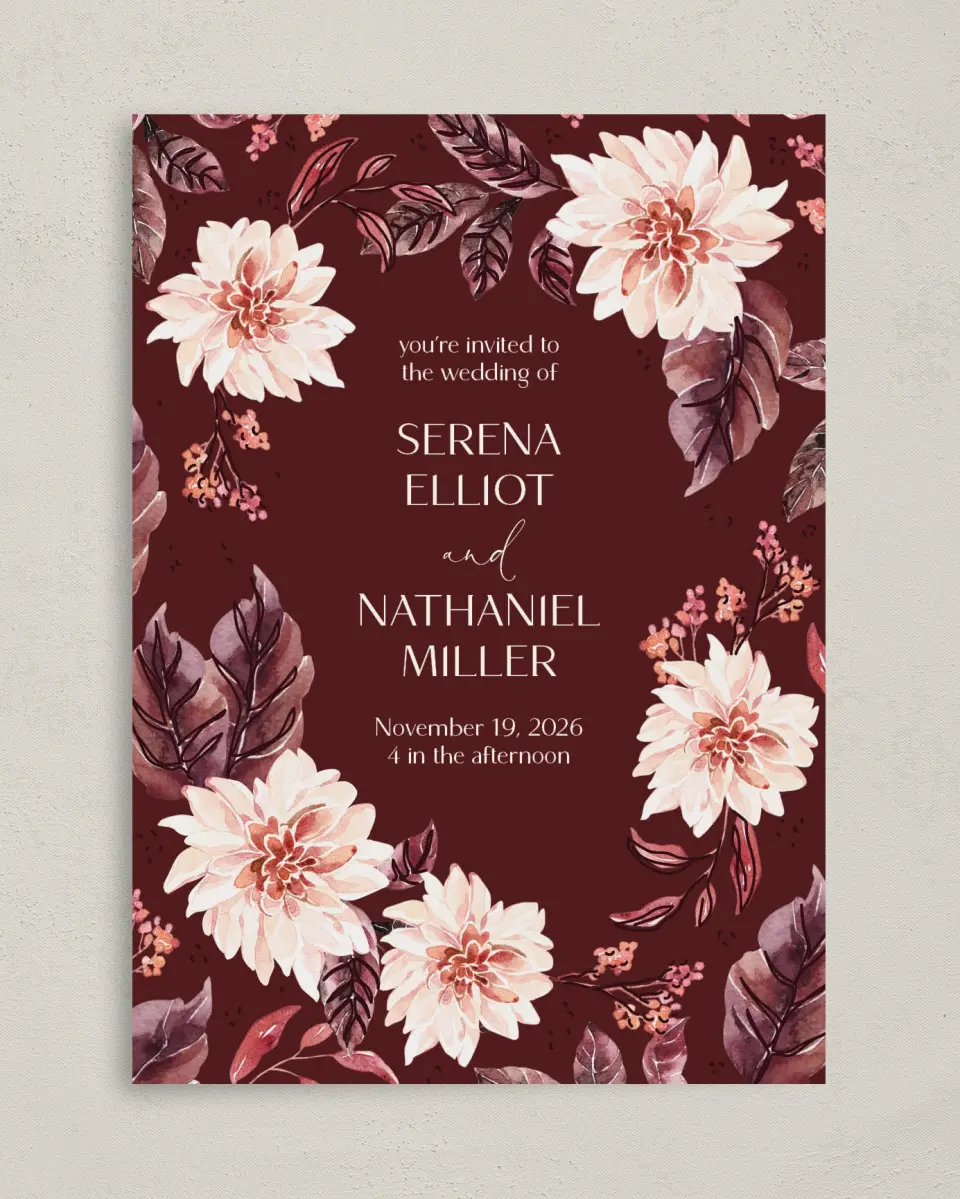 This is a 5" x 7" Classic Wedding Invitation called Fall Florals printed in full color on Premium Smooth paper