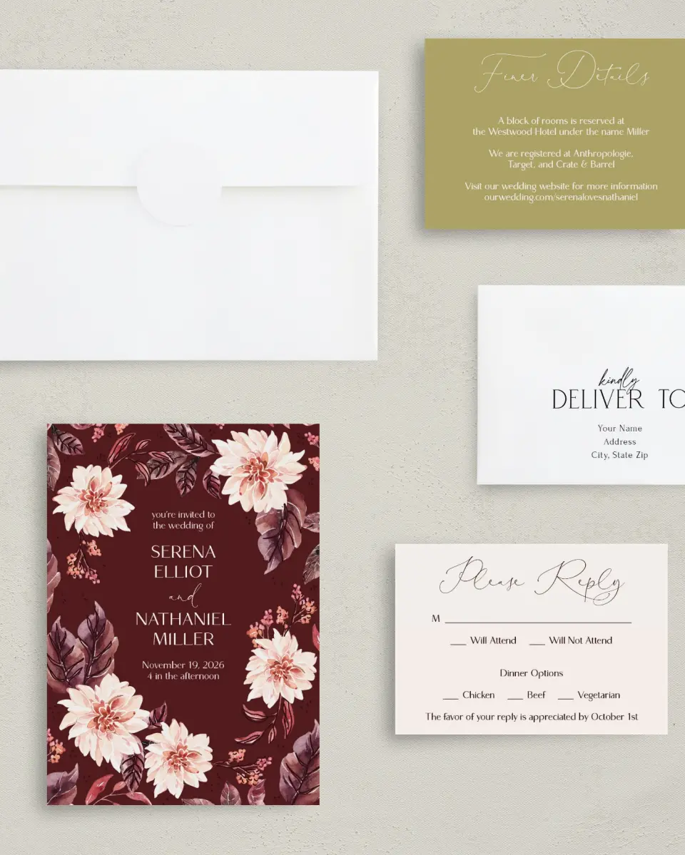 This is a 5" x 7" Classic Wedding Invitation called Fall Florals printed in full color with Rose Gold foil on Luxe Satin (coated) paper