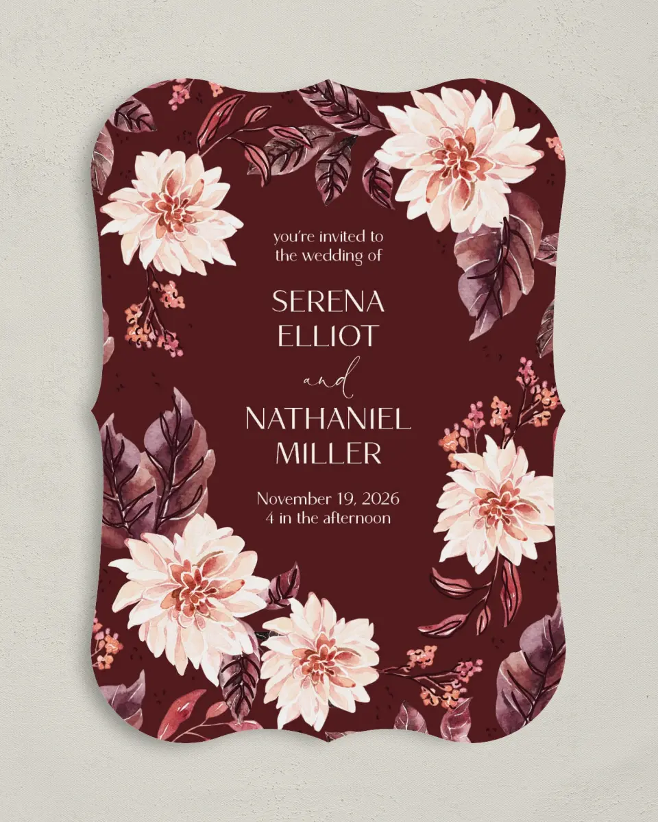 This is a 5" x 7" Bracket Wedding Invitation called Fall Florals printed in full color on Premium Smooth paper