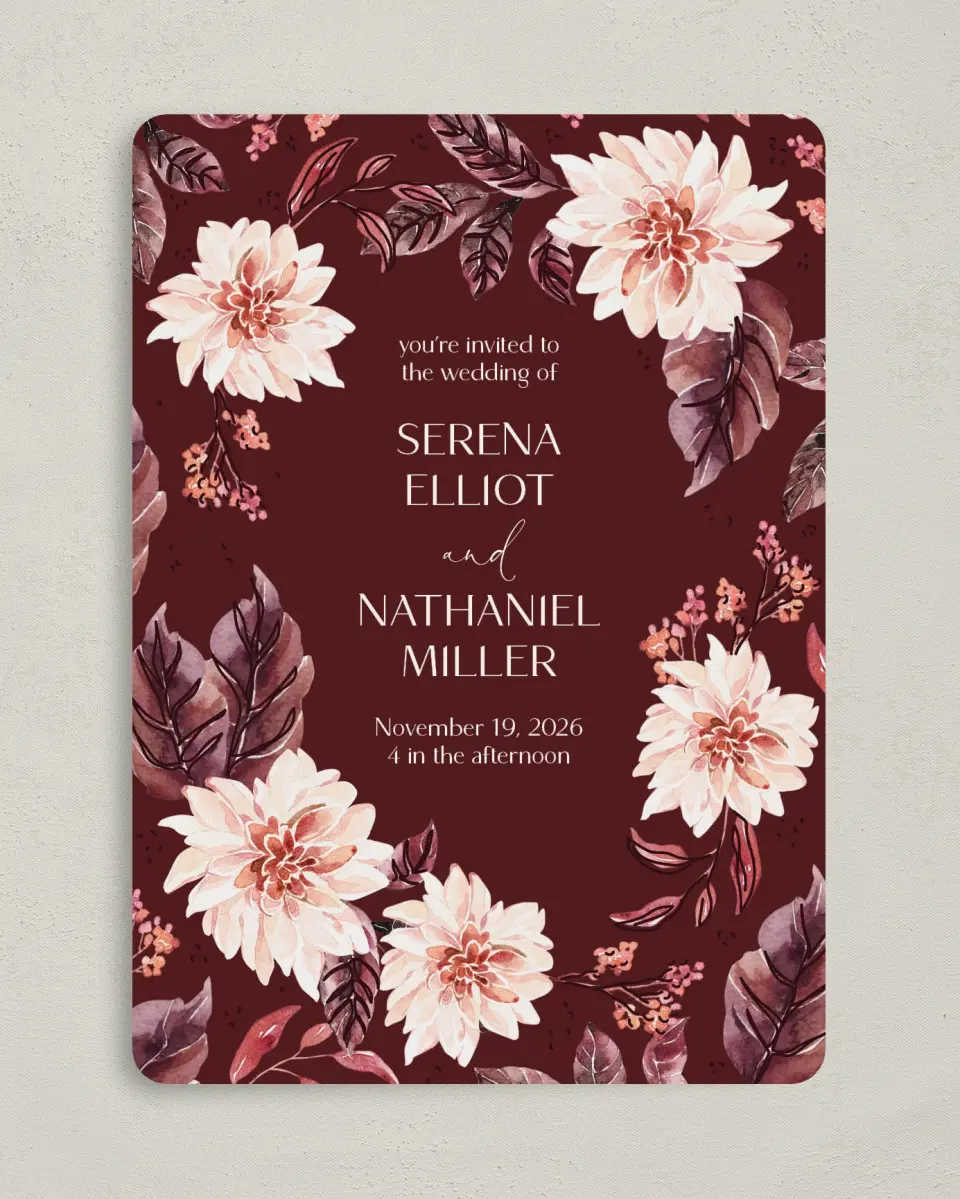 This is a 5" x 7" Rounded Wedding Invitation called Fall Florals printed in full color on Premium Smooth paper