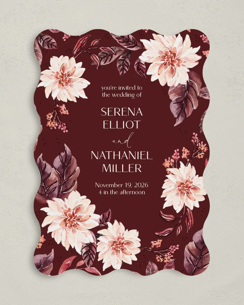 This is a 5" x 7" Wavy Wedding Invitation called Fall Florals printed in full color with Rose Gold foil on Luxe Satin (coated) paper