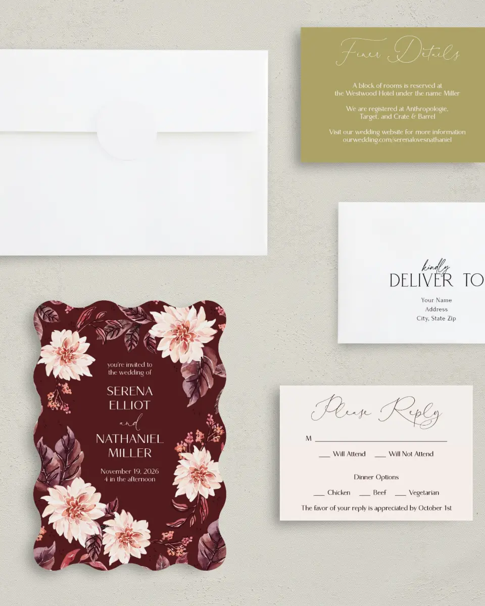 This is a 5" x 7" Wavy Wedding Invitation called Fall Florals printed in full color with Rose Gold foil on Luxe Satin (coated) paper
