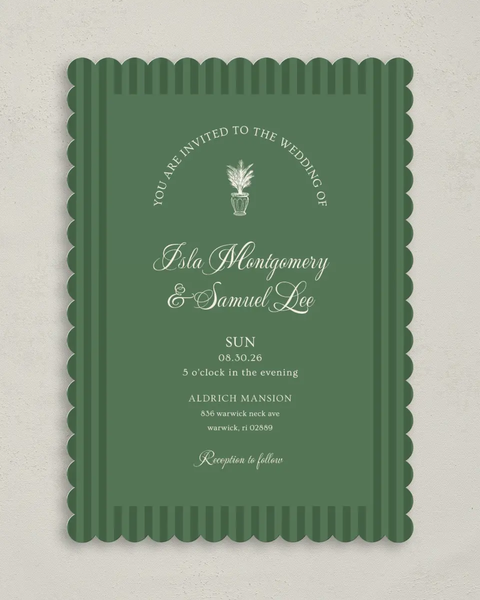 This is a 5" x 7" Classic Wedding Invitation called Warwick printed in full color on Premium Smooth paper