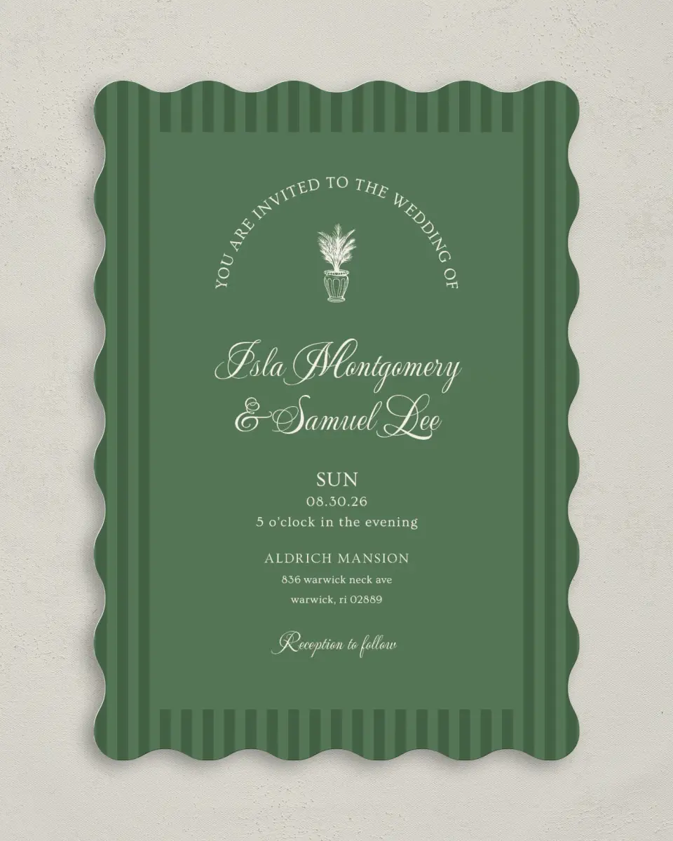 This is a 5" x 7" Wavy Wedding Invitation called Warwick printed in full color on Premium Smooth paper