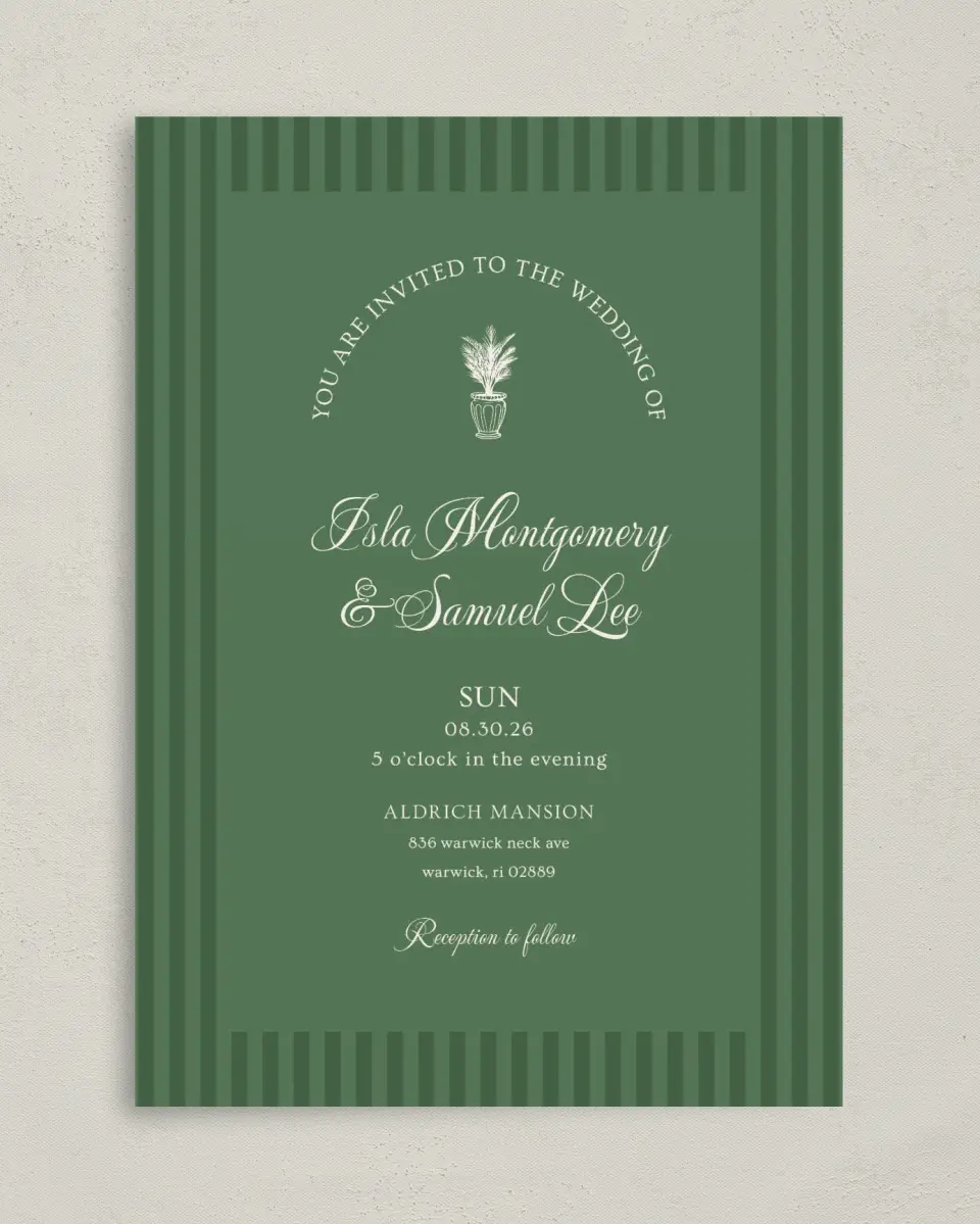 This is a 5" x 7" Classic Wedding Invitation called Warwick printed in full color on Premium Smooth paper