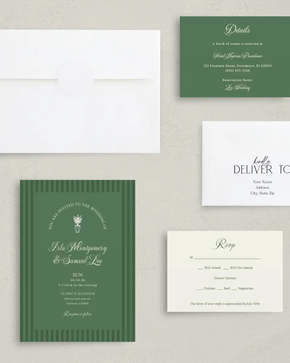 This is a 5" x 7" Classic Wedding Invitation called Warwick printed in full color with Silver foil on Luxe Satin (coated) paper