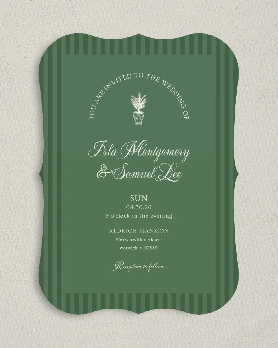 This is a 5" x 7" Bracket Wedding Invitation called Warwick printed in full color on Premium Smooth paper