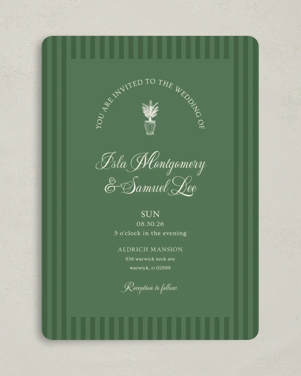 This is a 5" x 7" Rounded Wedding Invitation called Warwick printed in full color on Premium Smooth paper