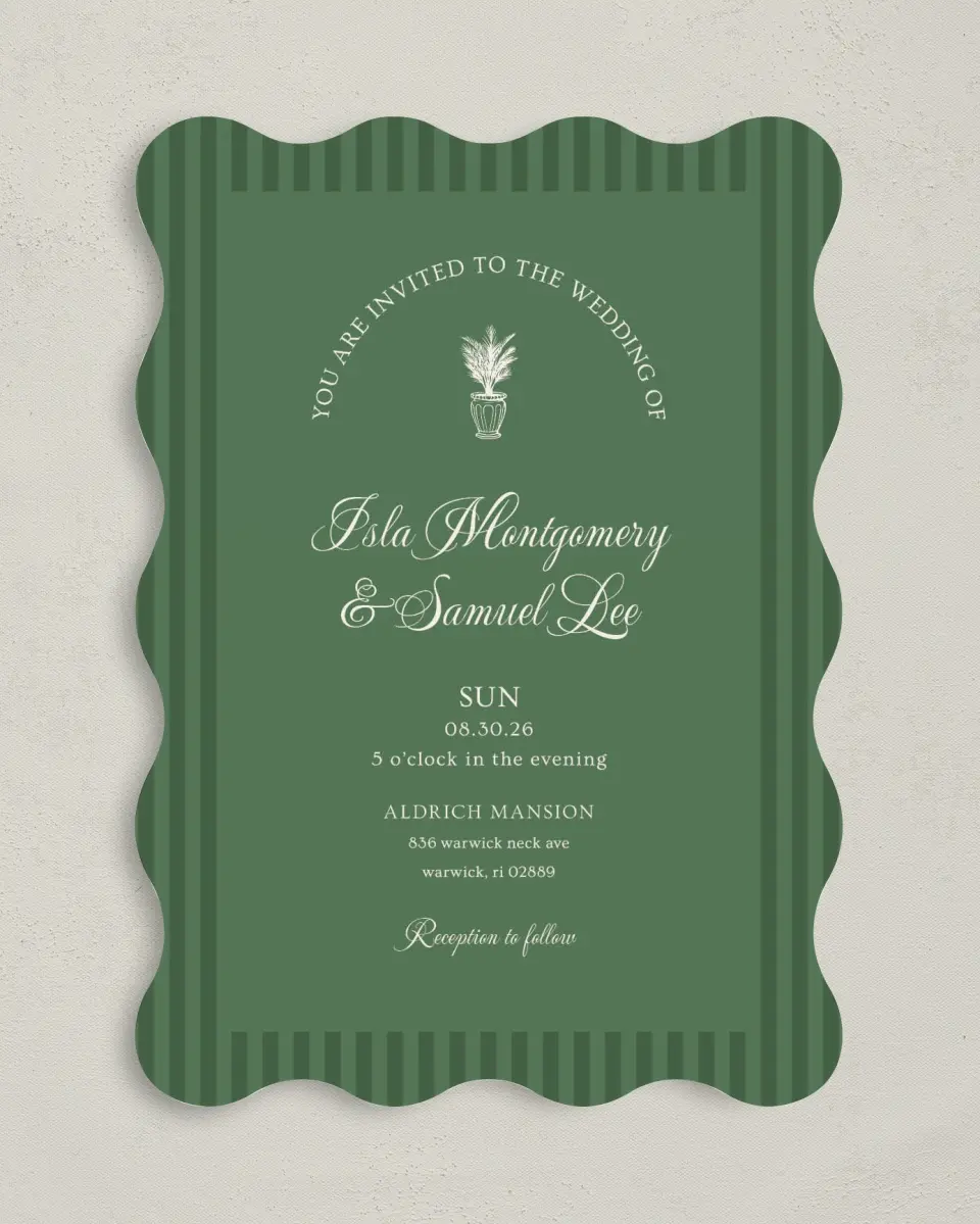 This is a 5" x 7" Wavy Wedding Invitation called Warwick printed in full color on Premium Smooth paper