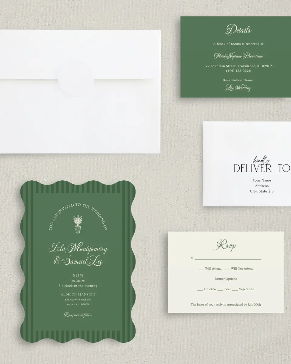 This is a 5" x 7" Wavy Wedding Invitation called Warwick printed in full color with Silver foil on Luxe Satin (coated) paper