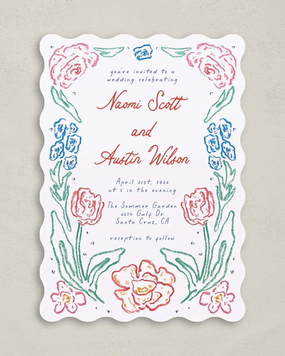 This is a 5" x 7" Wavy Wedding Invitation called Whimsy Love printed in full color on Premium Smooth paper