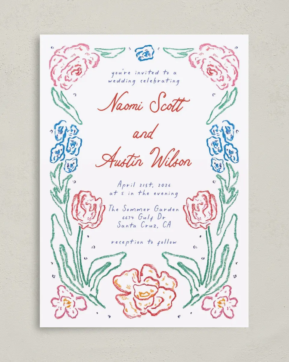 This is a 5" x 7" Classic Wedding Invitation called Whimsy Love printed in full color on Premium Smooth paper