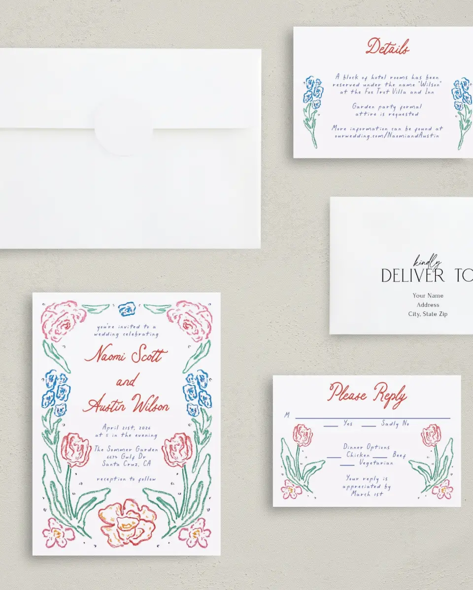 This is a 5" x 7" Classic Wedding Invitation called Whimsy Love printed in full color with Rose Gold foil on Luxe Satin (coated) paper