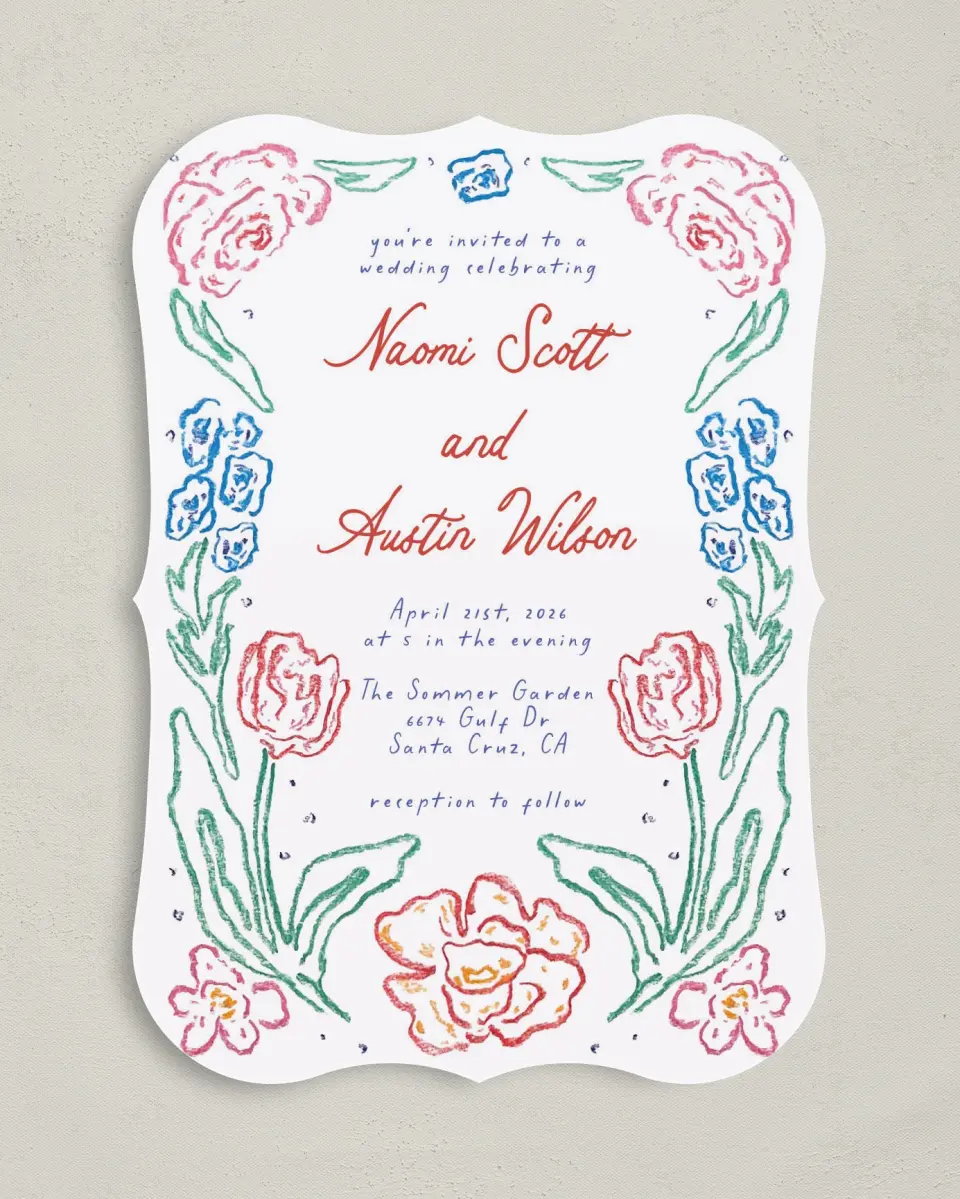 This is a 5" x 7" Bracket Wedding Invitation called Whimsy Love printed in full color with Silver foil on Luxe Satin (coated) paper