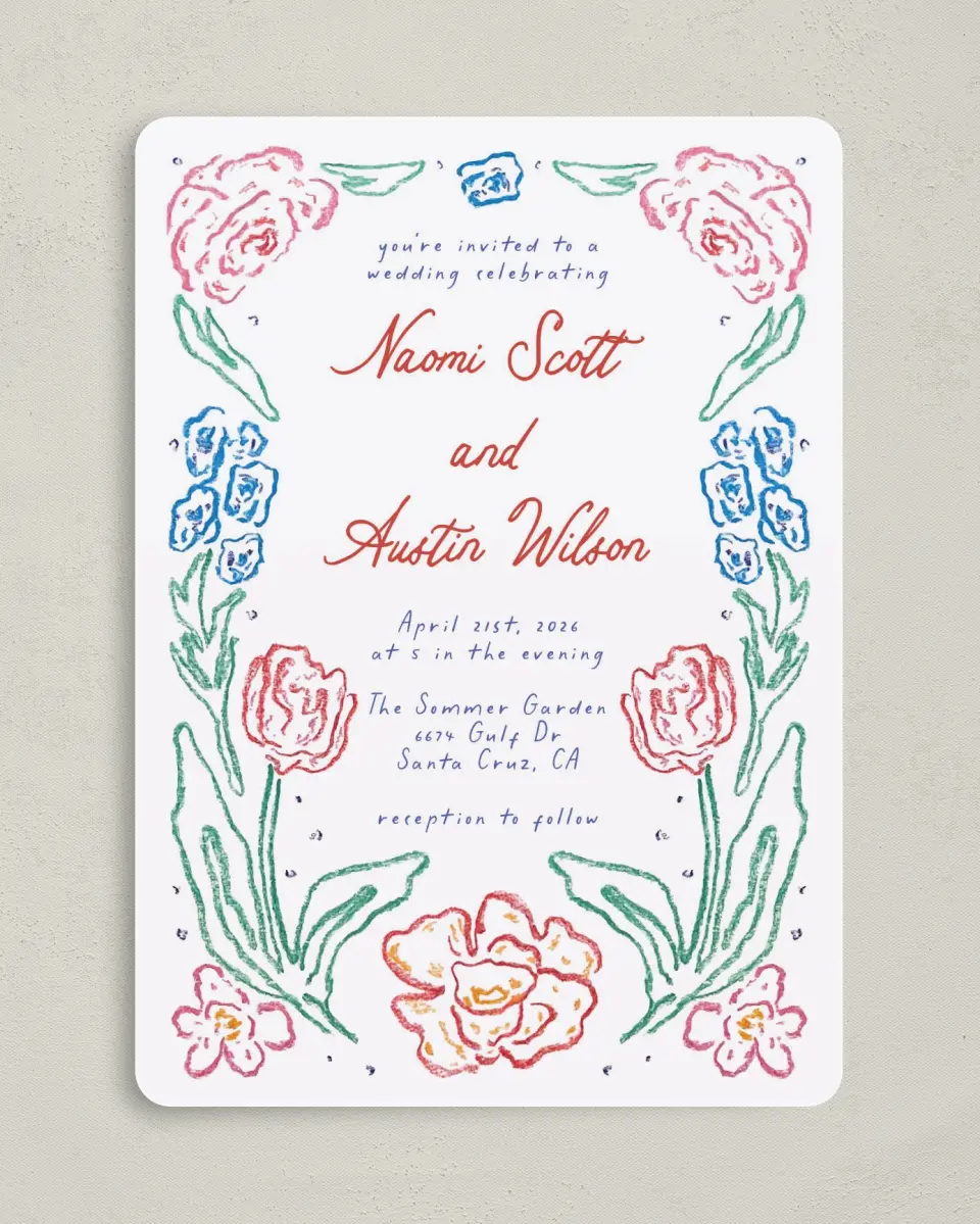 This is a 5" x 7" Rounded Wedding Invitation called Whimsy Love printed in full color on Premium Smooth paper