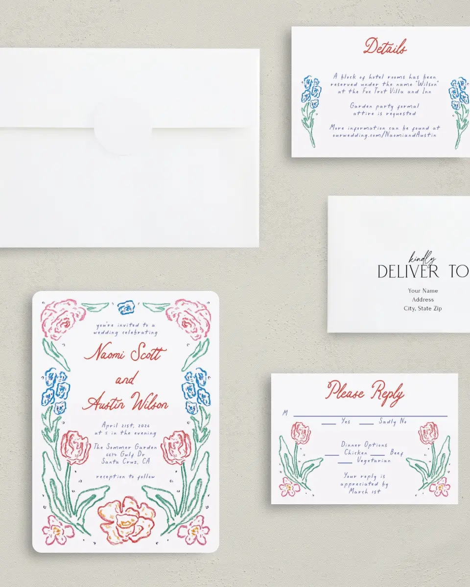 This is a 5" x 7" Rounded Wedding Invitation called Whimsy Love printed in full color with Rose Gold foil on Luxe Satin (coated) paper