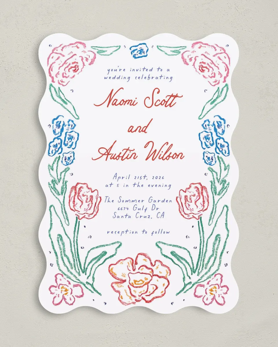 This is a 5" x 7" Wavy Wedding Invitation called Whimsy Love printed in full color on Premium Smooth paper