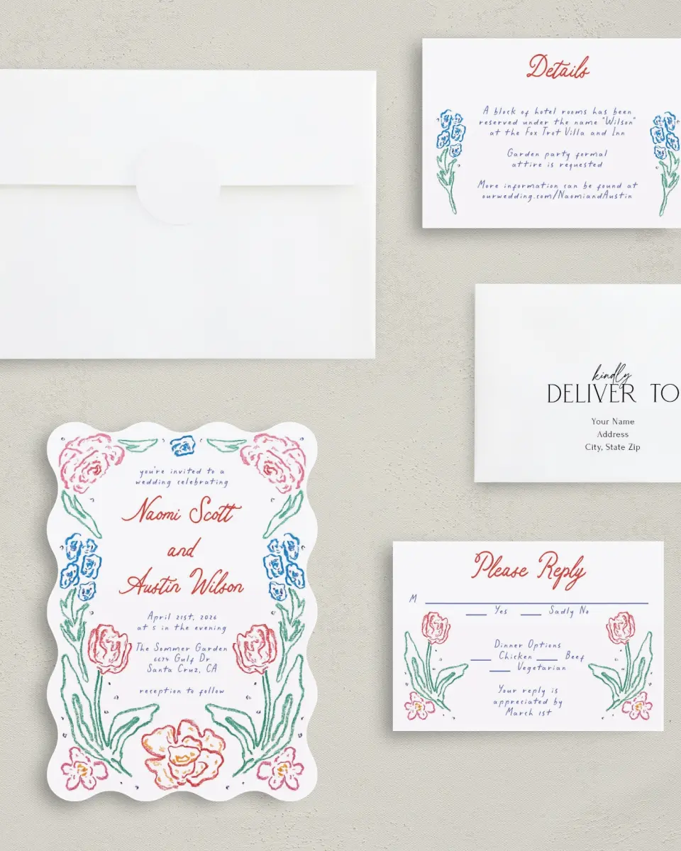 This is a 5" x 7" Wavy Wedding Invitation called Whimsy Love printed in full color with Silver foil on Luxe Satin (coated) paper