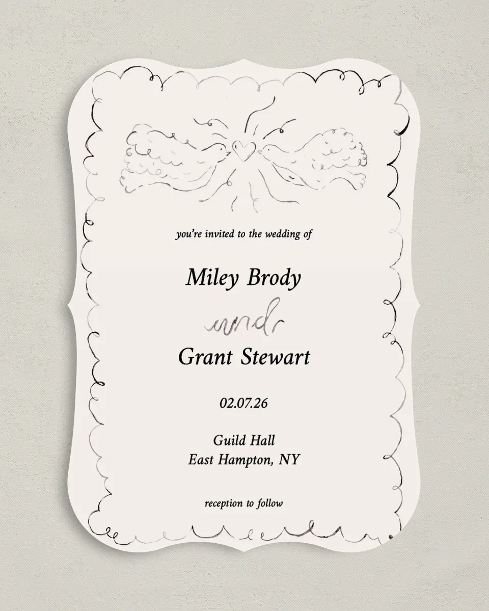 This is a 5" x 7" Bracket Wedding Invitation called Mi Amor printed in full color with Silver foil on Luxe Satin (coated) paper