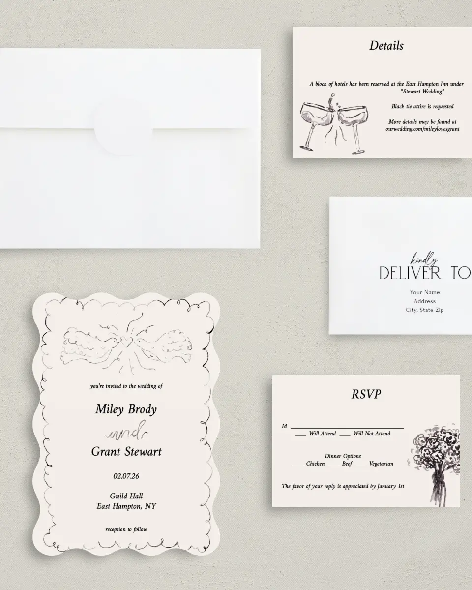 This is a 5" x 7" Wavy Wedding Invitation called Mi Amor printed in full color with Silver foil on Luxe Satin (coated) paper