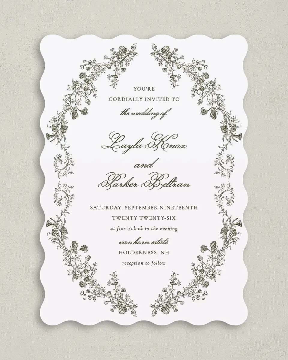 This is a 5" x 7" Wavy Wedding Invitation called Holderness printed in full color on Premium Smooth paper