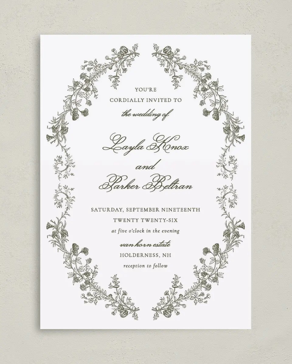 This is a 5" x 7" Classic Wedding Invitation called Holderness printed in full color on Premium Smooth paper