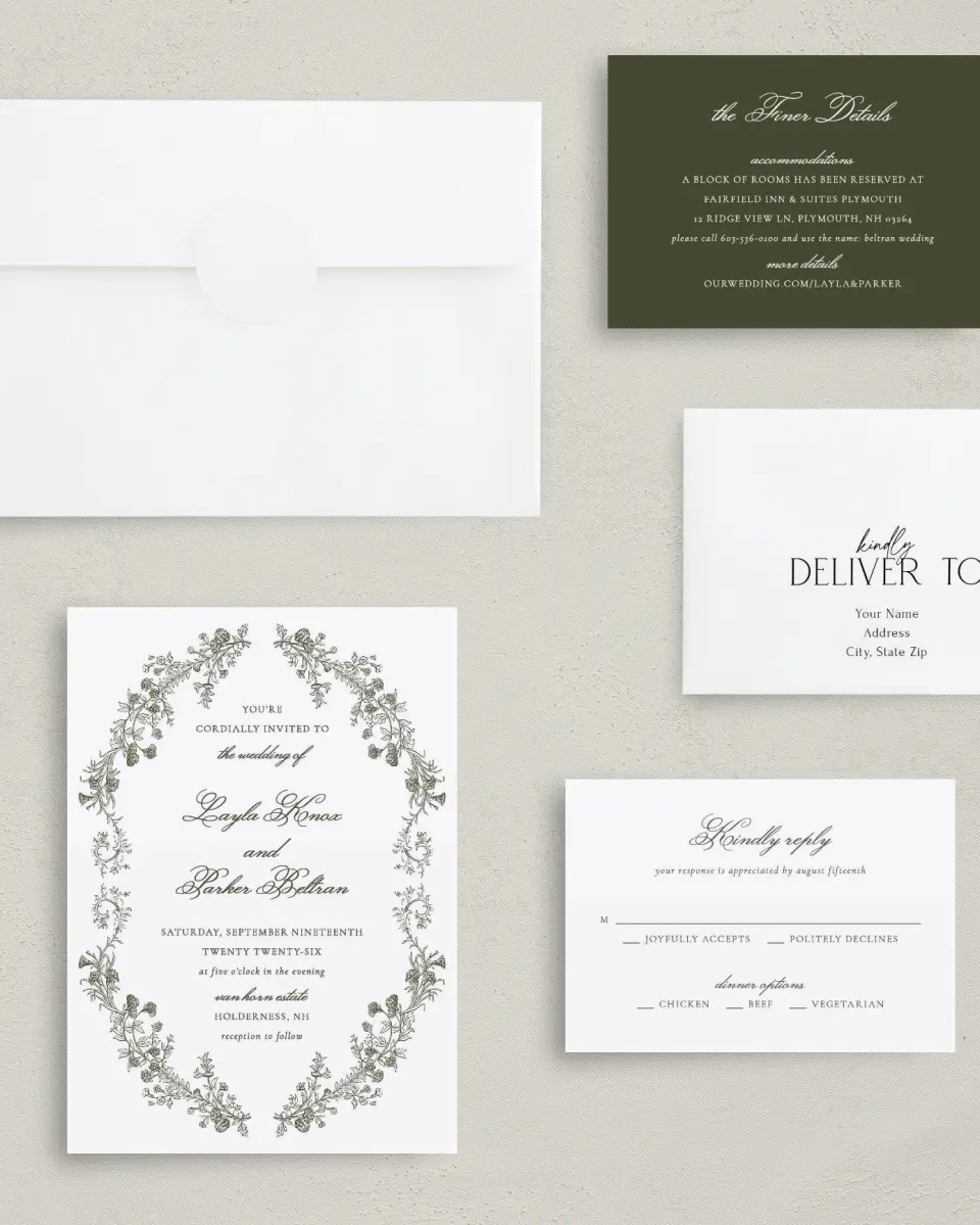 This is a 5" x 7" Classic Wedding Invitation called Holderness printed in full color with Rose Gold foil on Luxe Satin (coated) paper