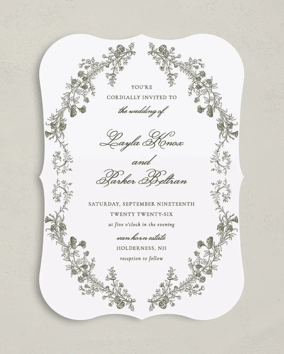 This is a 5" x 7" Bracket Wedding Invitation called Holderness printed in full color on Premium Smooth paper