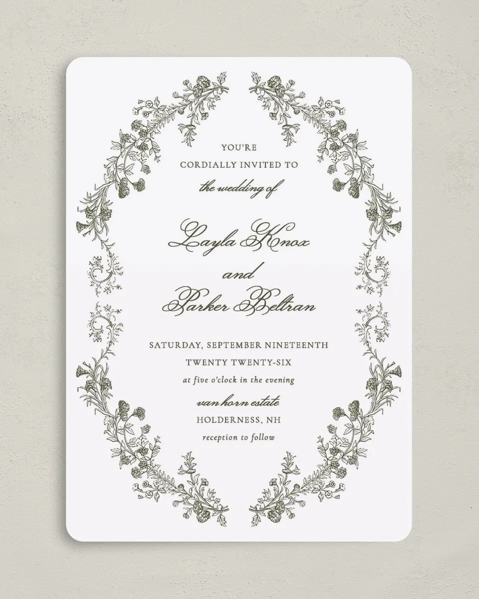 This is a 5" x 7" Rounded Wedding Invitation called Holderness printed in full color on Premium Smooth paper