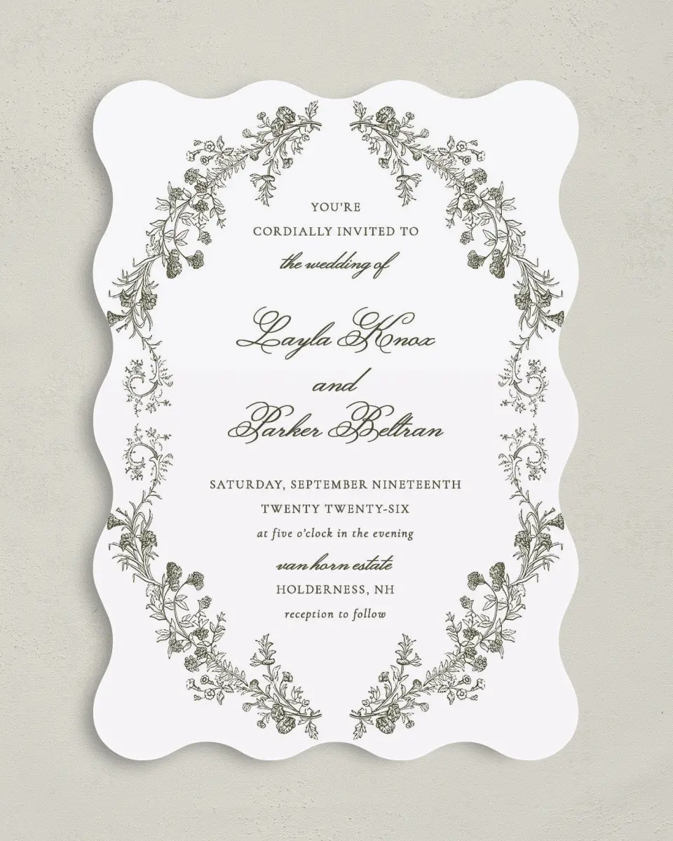 This is a 5" x 7" Wavy Wedding Invitation called Holderness printed in full color on Premium Smooth paper