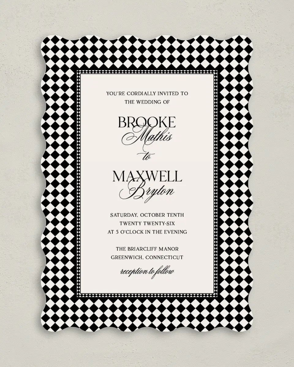 This is a 5" x 7" Wavy Wedding Invitation called Greenwich printed in full color on Premium Smooth paper